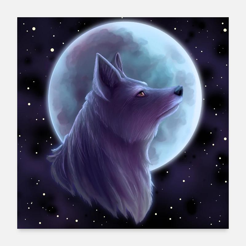 Wolf vor Mond | Silber Poster 60x60 cm