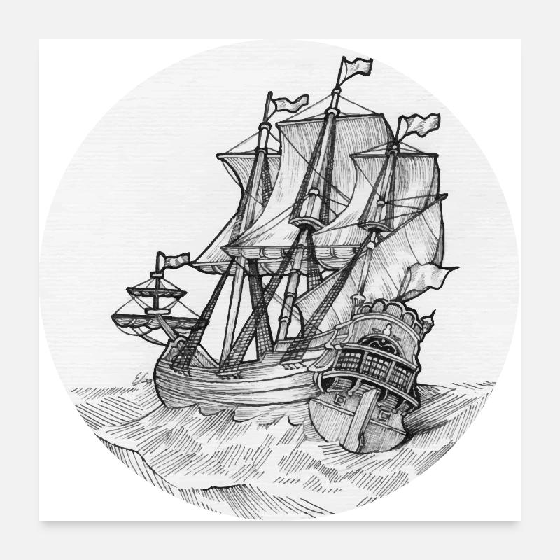 Sailing Ship at Sea Pencil Drawing Art Poster 24" x 24" (60x60 cm)