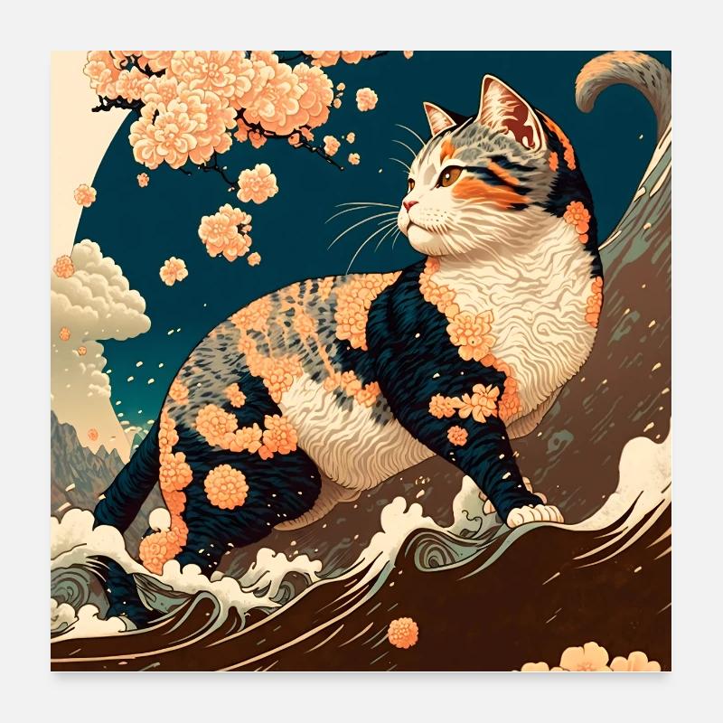 Paysage de plage d’Ukiyo avec chat Poster 60 x 60 cm