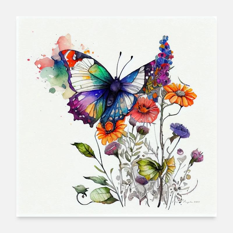 Papillon et Fleurs -5- Aquarelle Poster 60 x 60 cm