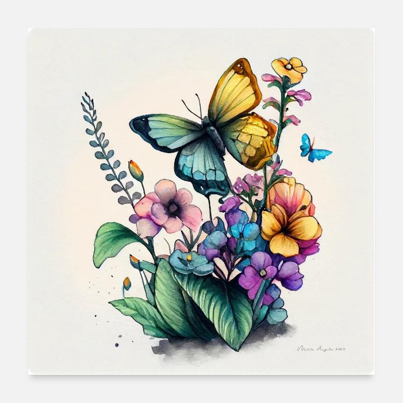 Papillon et Fleurs -6- Aquarelle Poster 60 x 60 cm