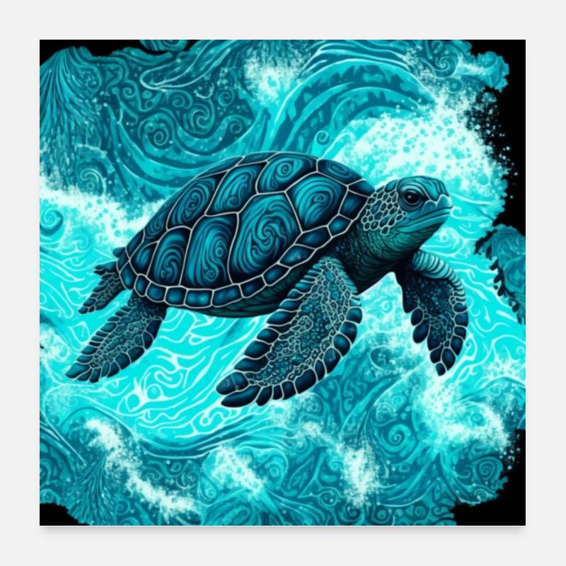 Blue Turquoise Ocean Wave Sea Turtle Pattern Poster 24" x 24" (60x60 cm)