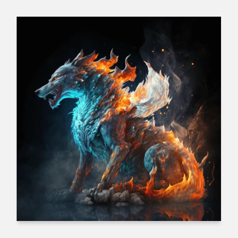 Wolfsdrache durchdrungen von Eis und Feuer Episch Poster 60x60 cm