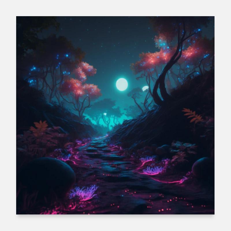 Forêt enchantée imaginative la nuit Poster 60 x 60 cm