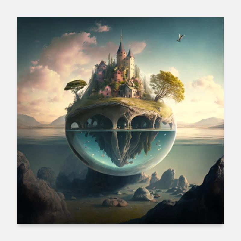Fantasy World Future Landscape Planet en turquoise Poster 60 x 60 cm