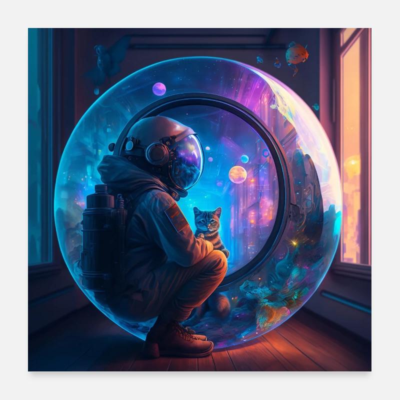 Astronaute et son chat perdus dans l'espace temps Poster 60 x 60 cm