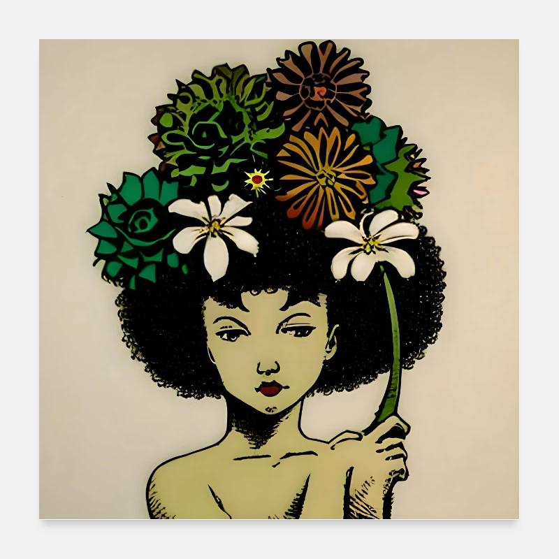 Garten in Blüte - Mädchen mit Blumen in den Haare - Poster 60x60 cm - Weiß