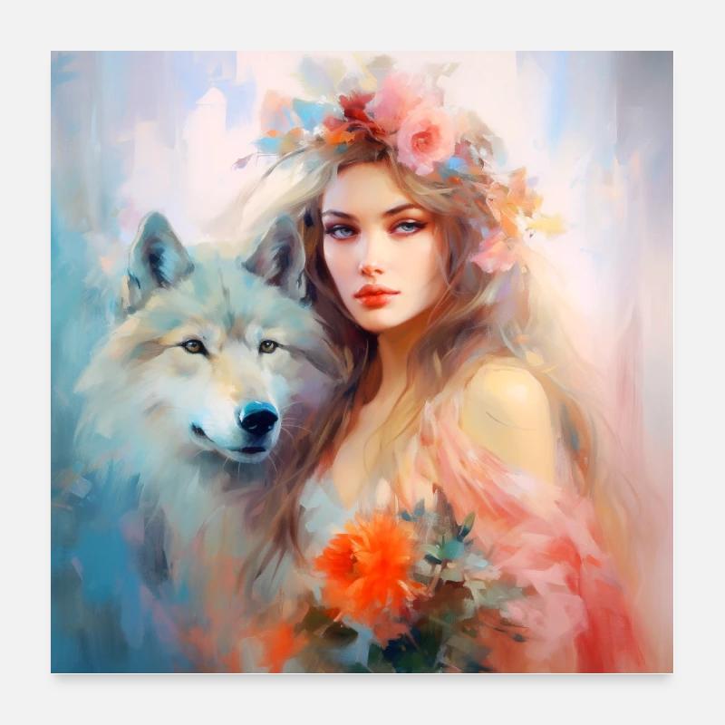 Blumenelfe mit Krafttier Wolf Poster 60x60 cm