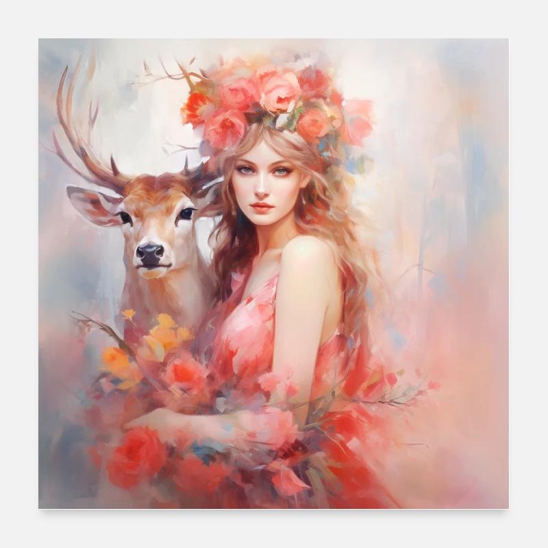 Blumenelfe mit Krafttier Hirsch - Poster 60x60 cm - Weiß
