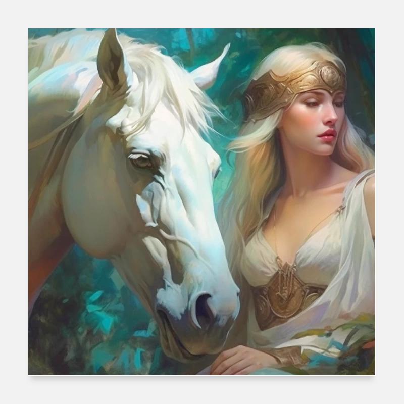 Princesse de la forêt avec cheval - Poster 60 x 60 cm - blanc