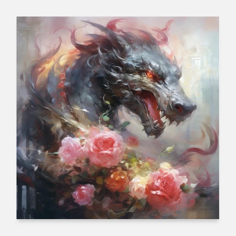 Dragon avec des fleurs Poster 60 x 60 cm