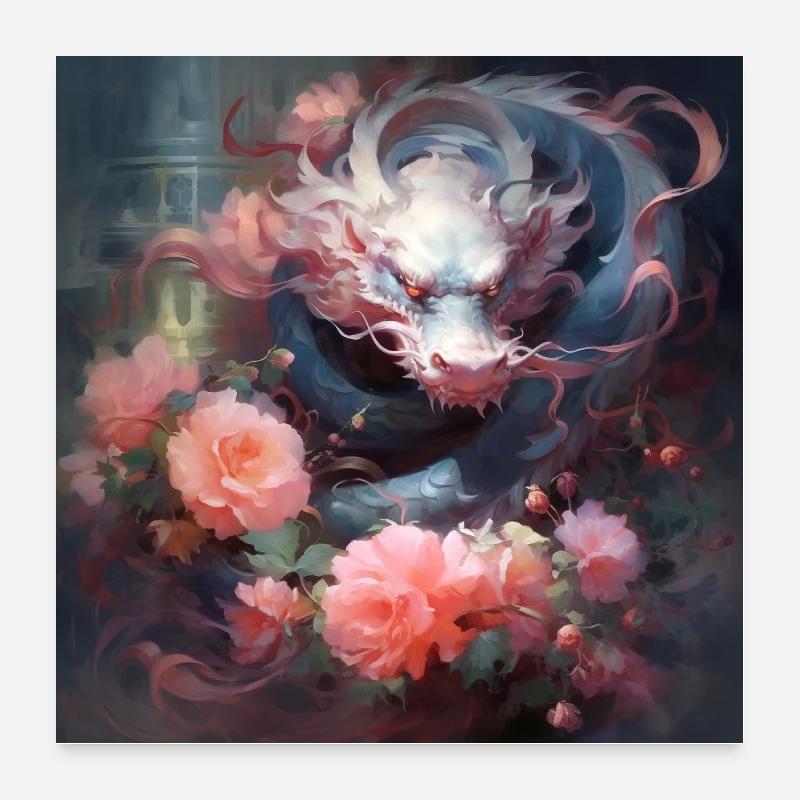 Drache mit Blumen Poster 60x60 cm