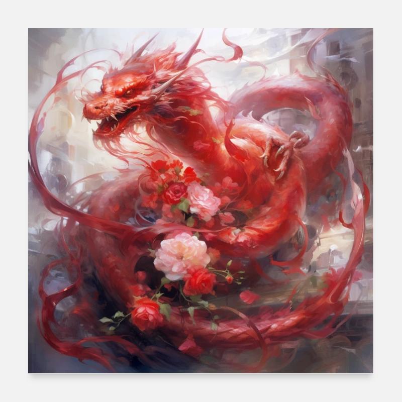 Drache mit Rosen Poster 60x60 cm