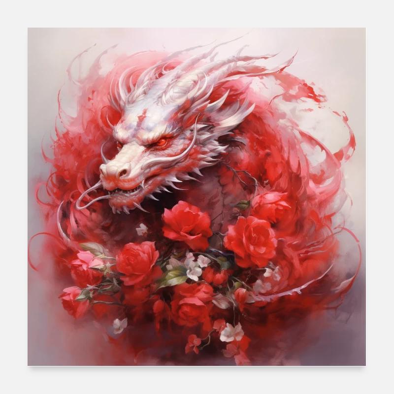 Drache mit Rosen Poster 60x60 cm