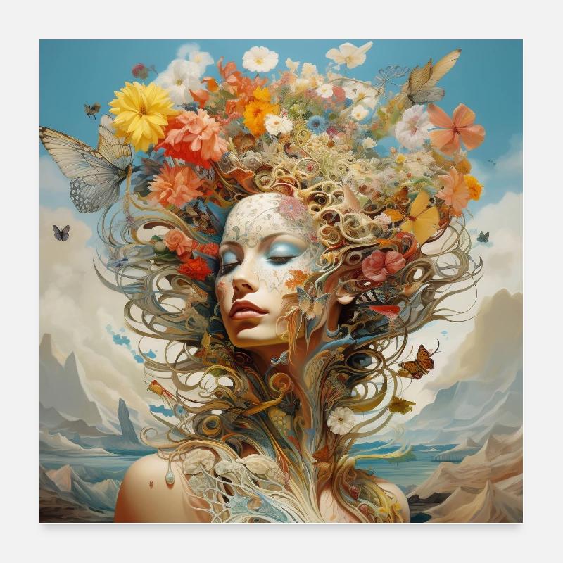 Dame colorée entourée de fleurs vives Poster 60 x 60 cm