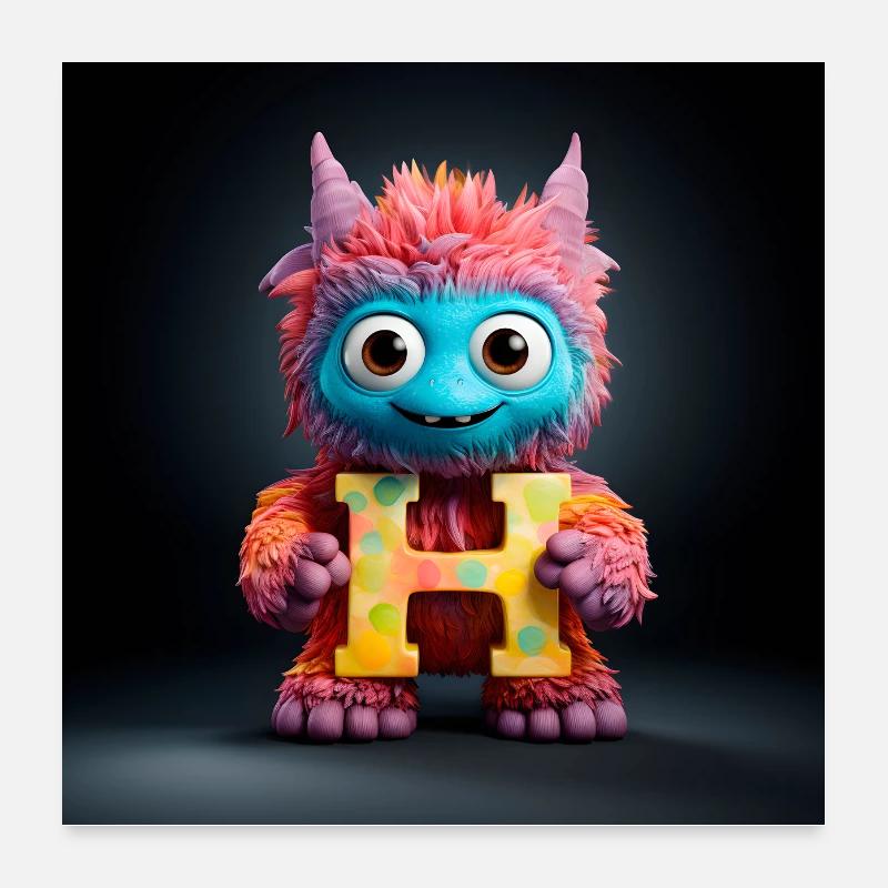 Affiche monstre mignonne et mignonne Alphabet Lettre H - Poster 60 x 60 cm - blanc