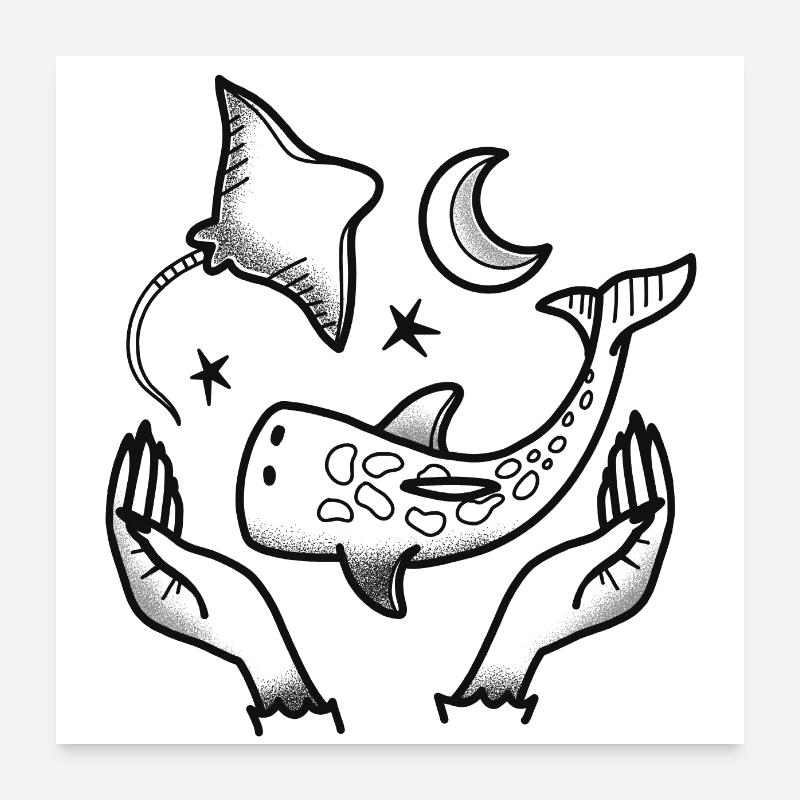 Witchcore Tattoo style Hands, Whale shark stingray Poster 24" x 24" (60x60 cm)
