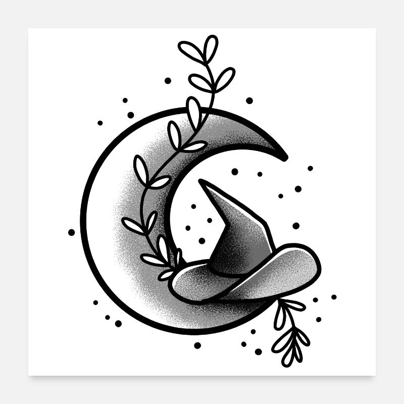 Chapeau de sorcière sur le croissant de lune Poster 60 x 60 cm