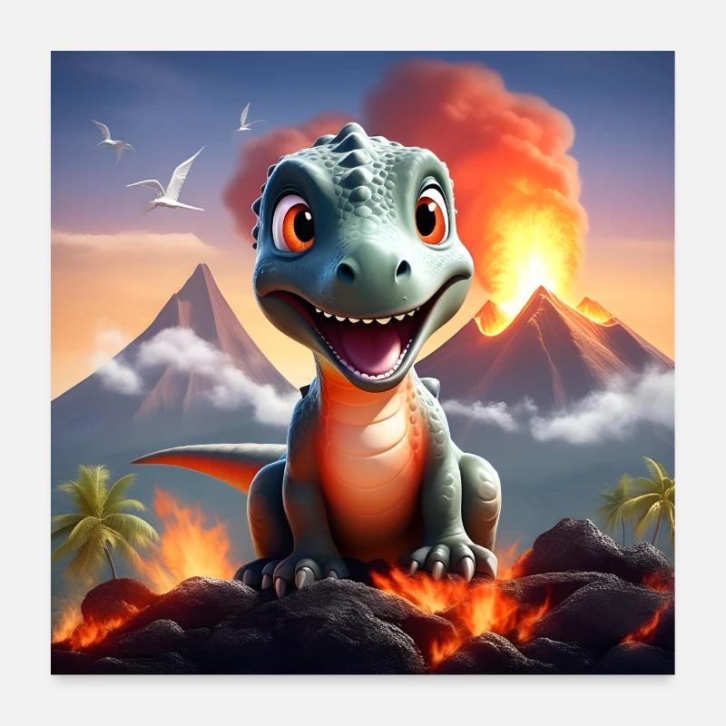 dinosaure mignon avec volcan et lave, T-Rex Poster 60 x 60 cm