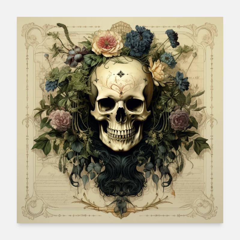 Affiche : Illustration de fleurs de crâne Poster 60 x 60 cm