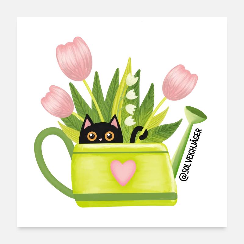Frühling Poster Quadrat mit Schwarzer Katze Poster Poster 60x60 cm