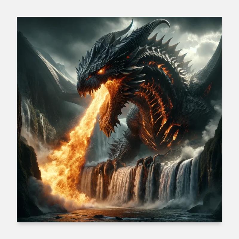 Feuerspeiender Drache im Wasserfall Poster 60x60 cm
