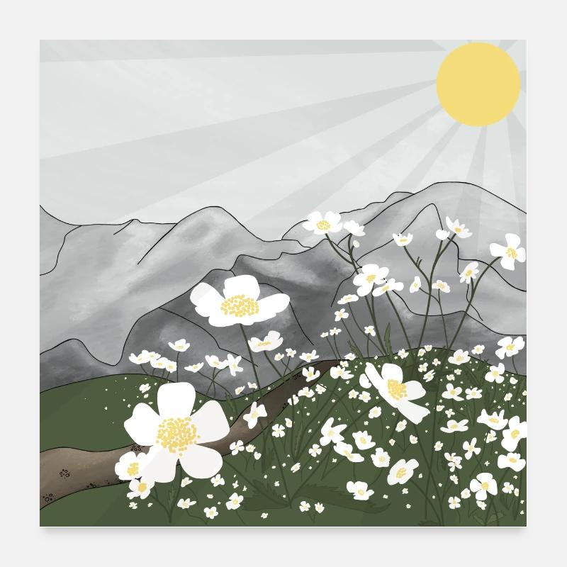 Prairie de fleurs blanches devant le panorama de montagne au printemps Poster 60 x 60 cm