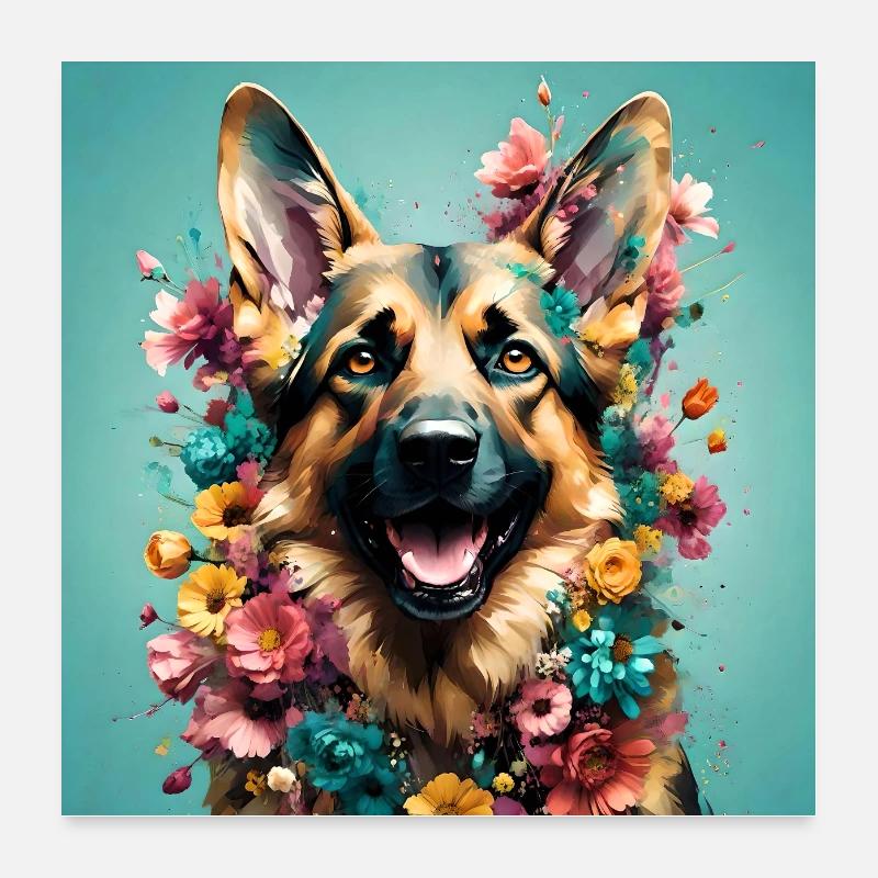 Affiche. Bergers allemands, fleurs. Poster 60 x 60 cm