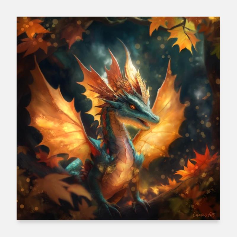 Herbst Drache Illustration - Poster 60x60 cm - Weiß