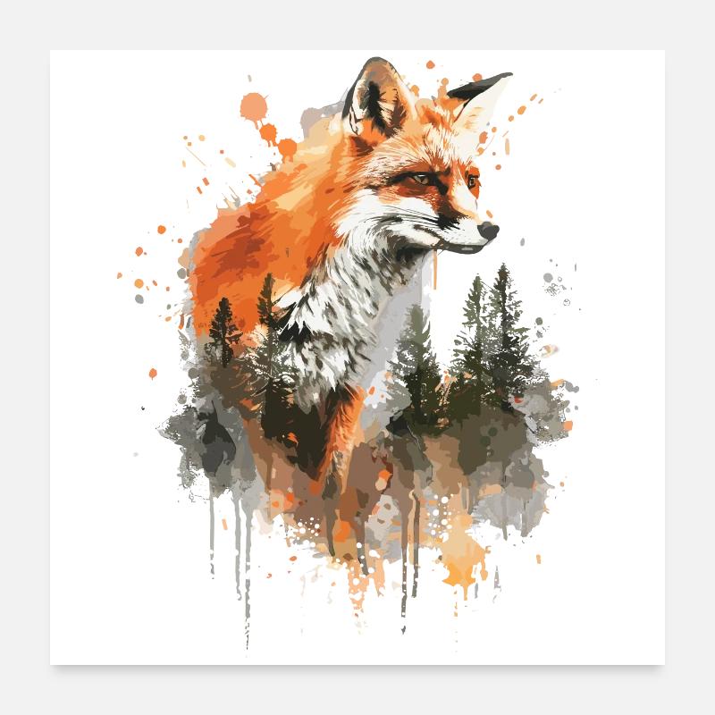 Renard aquarelle, Fox Poster 60 x 60 cm