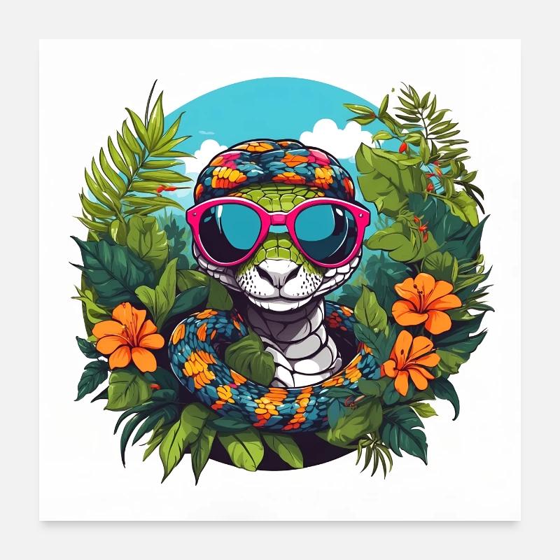 Fleurs et feuilles de serpent de lunettes drôles colorées Poster 60 x 60 cm