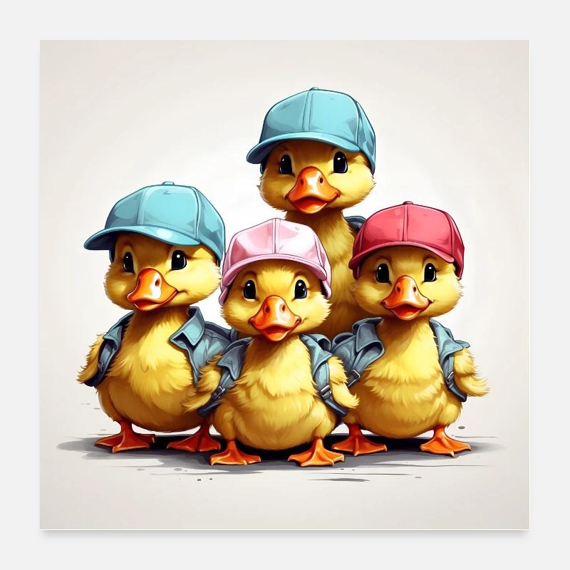 Four funny ducklings with colorful caps Poster 24" x 24" (60x60 cm)