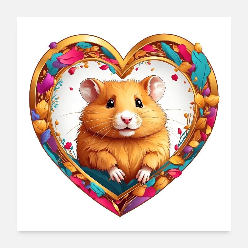 Hamster doré mignon dans un cadre de coeur avec des fleurs Poster 60 x 60 cm