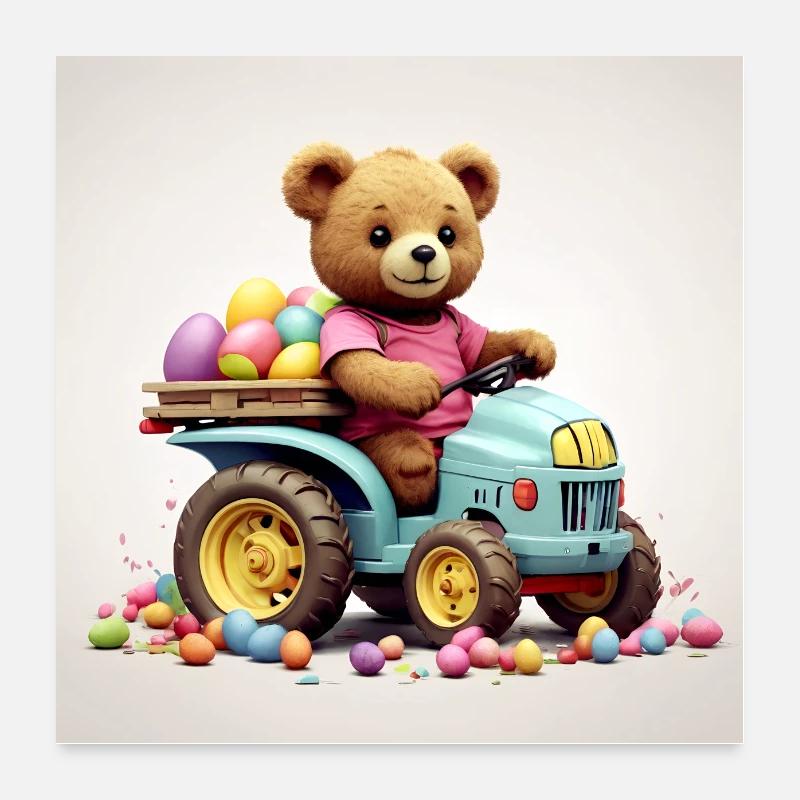Teddy bear drives the Easter mobile brings eggs Poster 24" x 24" (60x60 cm)