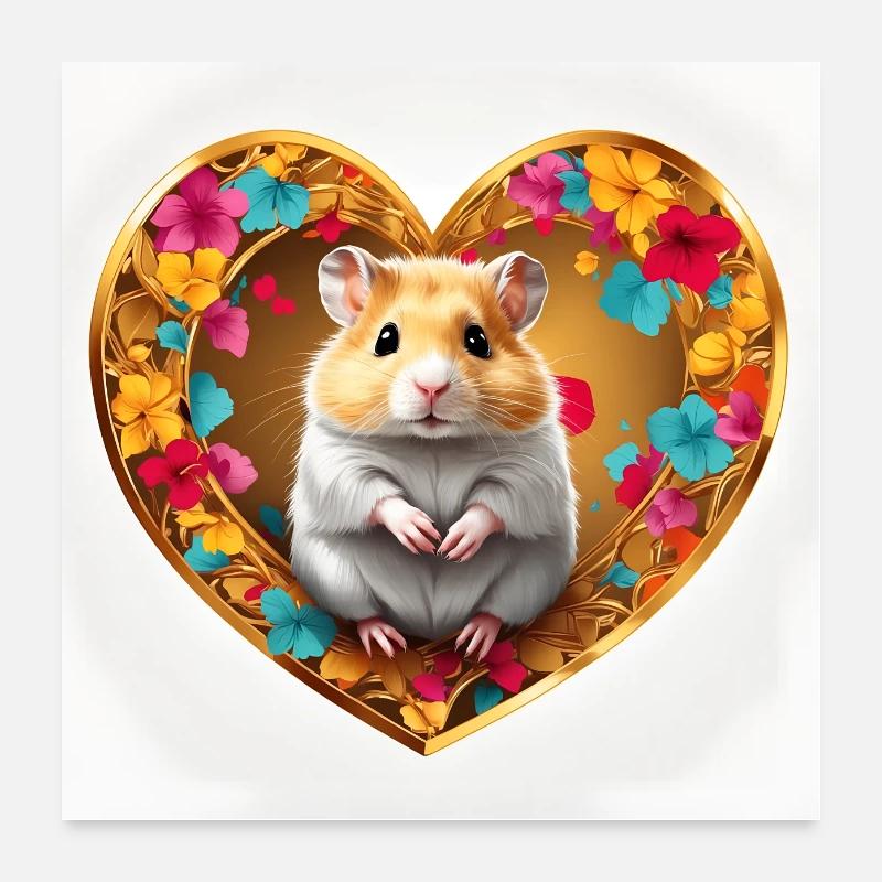 Hamster doré mignon dans un cadre de coeur avec des fleurs Poster 60 x 60 cm