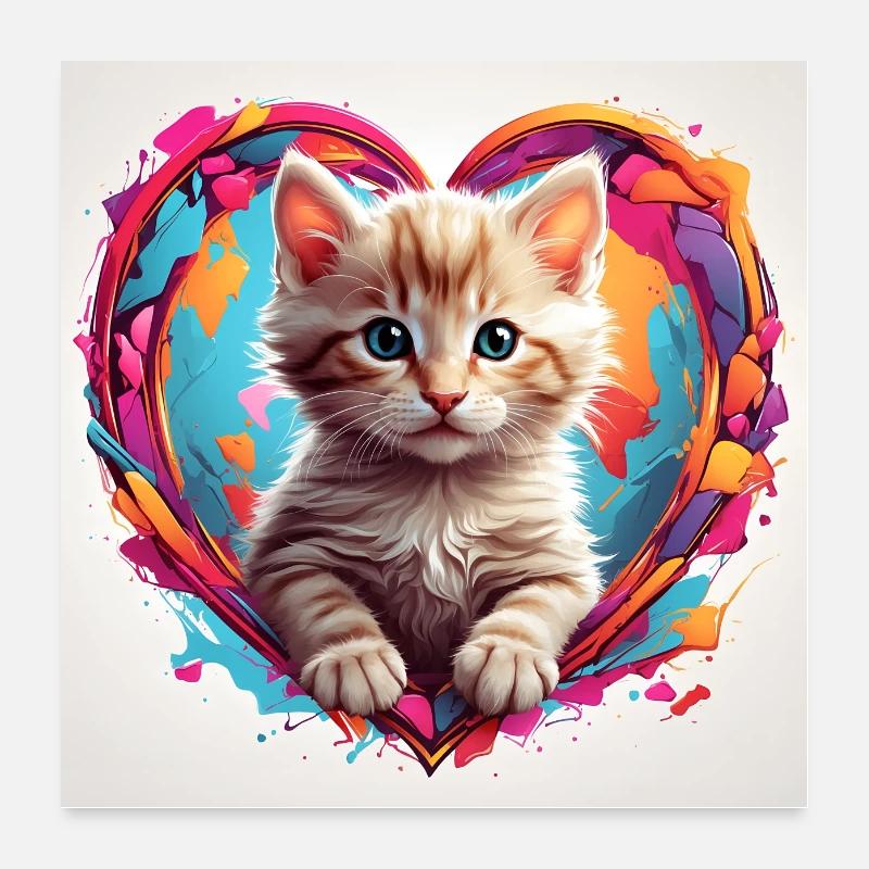 Petit chaton mignon dans un cadre de coeur coloré Poster 60 x 60 cm