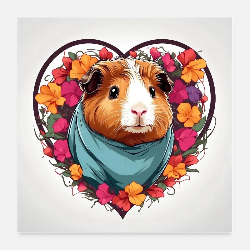 Cochon d’Inde mignon dans un cadre de coeur avec des fleurs Poster 60 x 60 cm