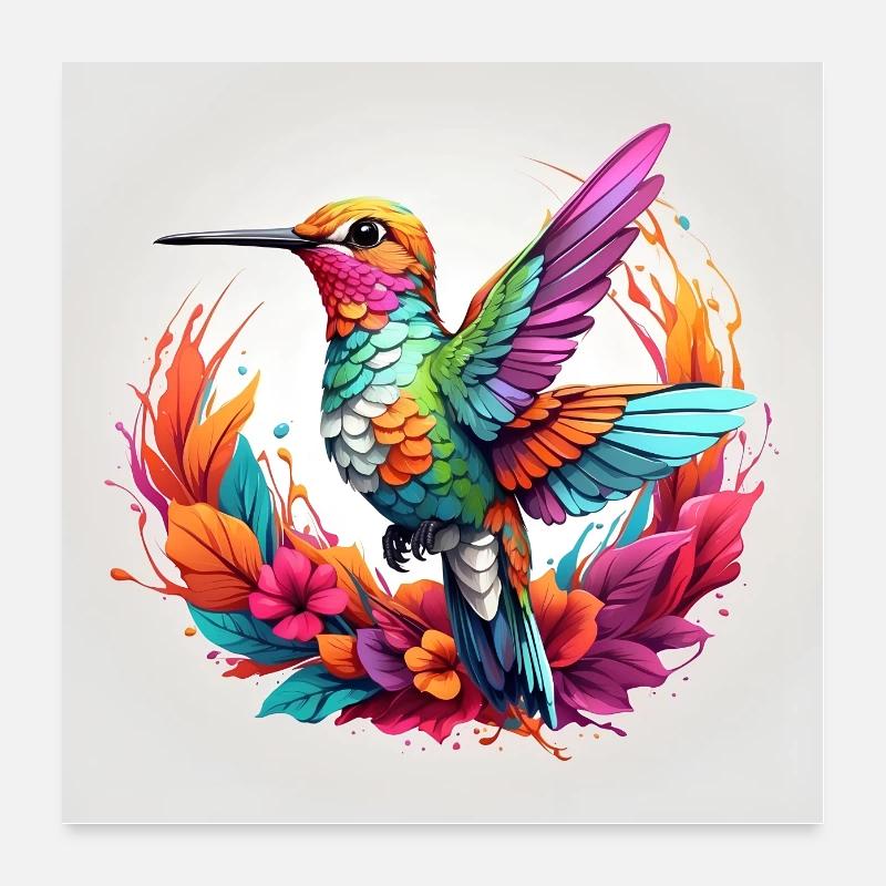 colibri coloré dans un cercle de fleurs Poster 60 x 60 cm
