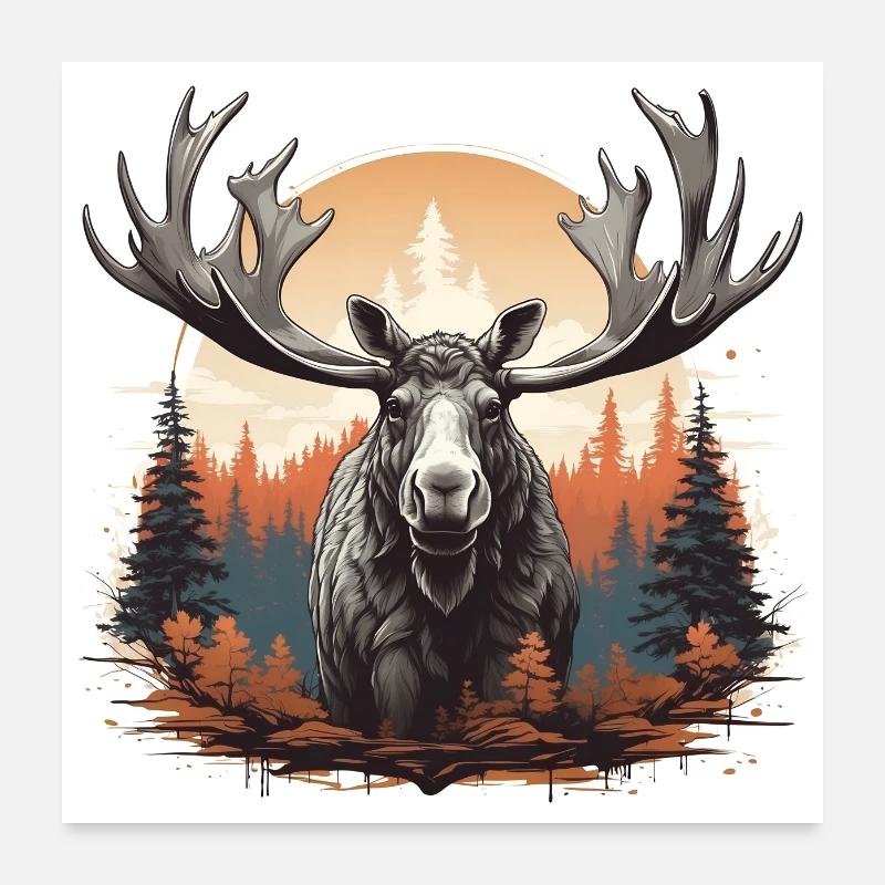 Orignal mâle devant une zone boisée - aller vers le nord Poster 60 x 60 cm