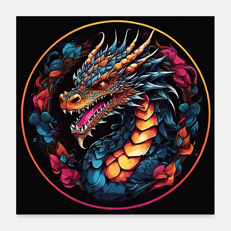 Bunter farbenfroher Drache Drachenportrait Poster 60x60 cm