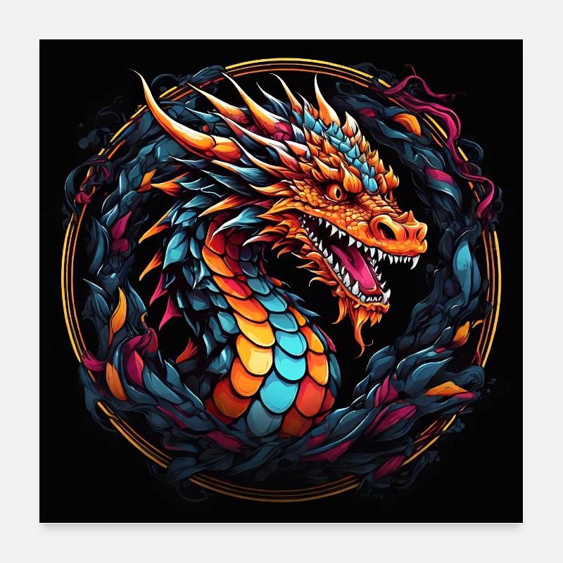 Bunter farbenfroher Drache Drachenportrait Poster 60x60 cm