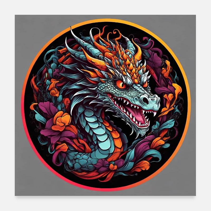 Bunter farbenfroher Drache Drachenportrait Poster 60x60 cm