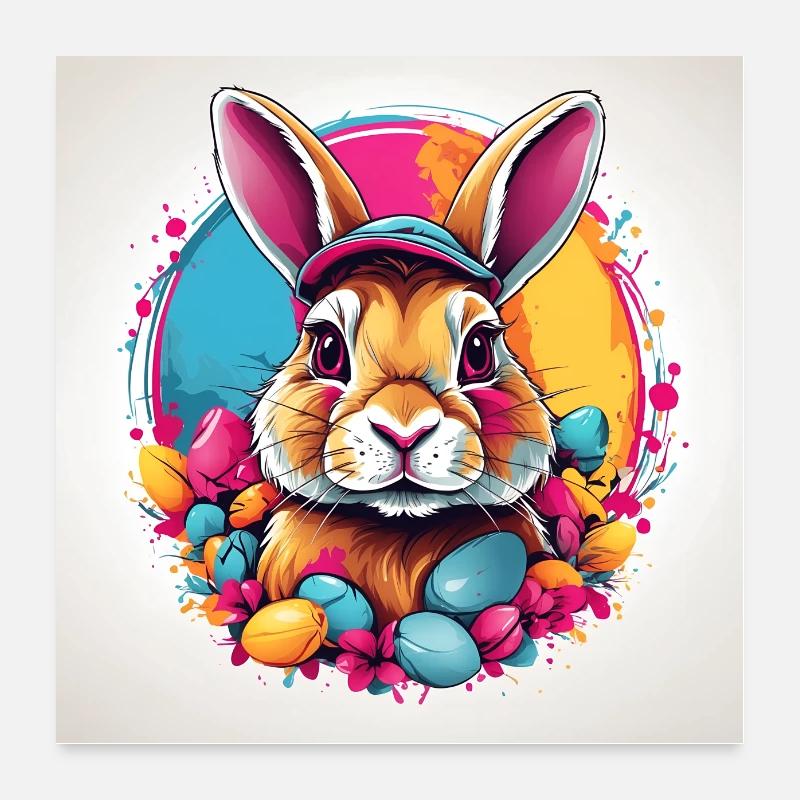 Poster Easter Bunny with Colorful Easter Eggs Poster 24" x 24" (60x60 cm)