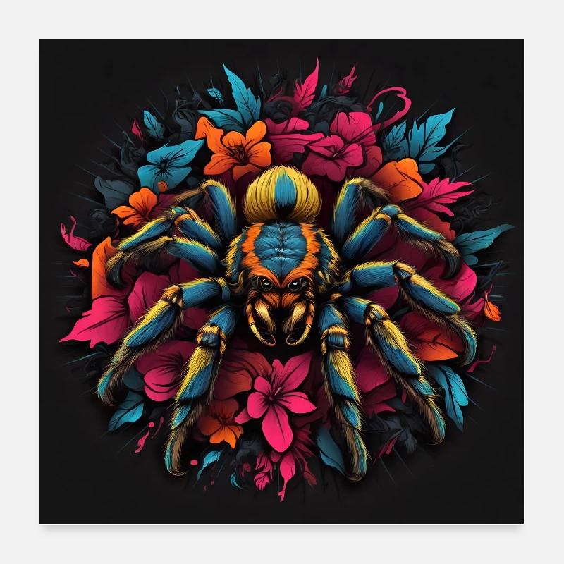 Plakat Große bunte Vogelspinne mit Blüten Poster 60x60 cm