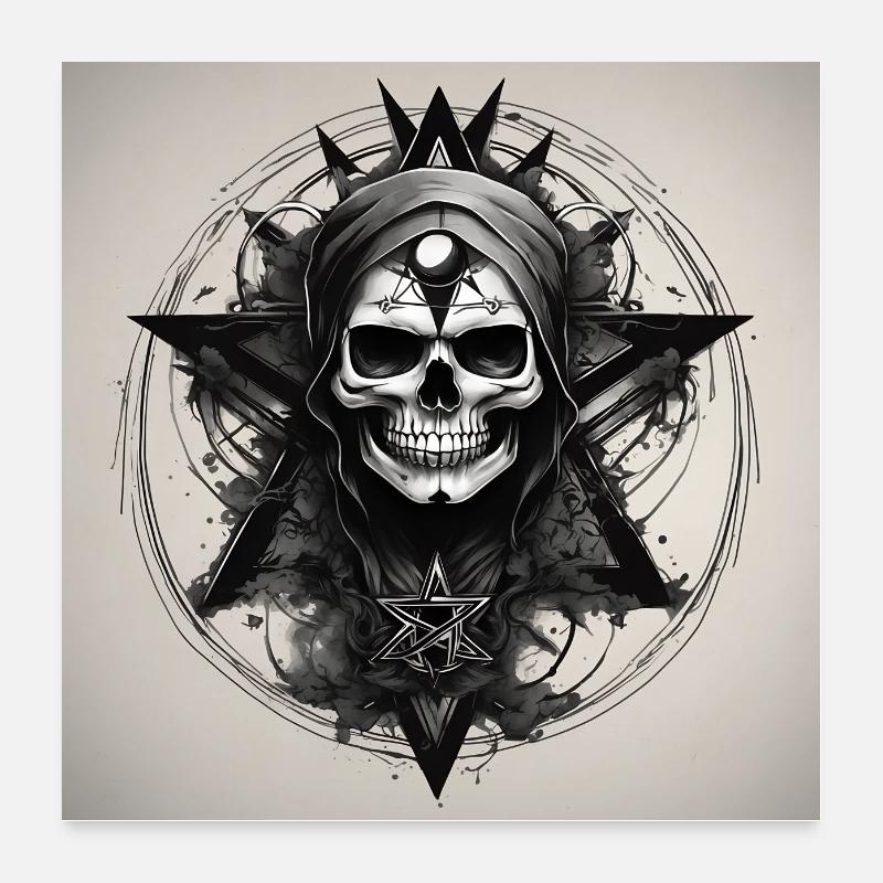 Schädel Grau Schwarzweiss Pentagramm Poster 60x60 cm