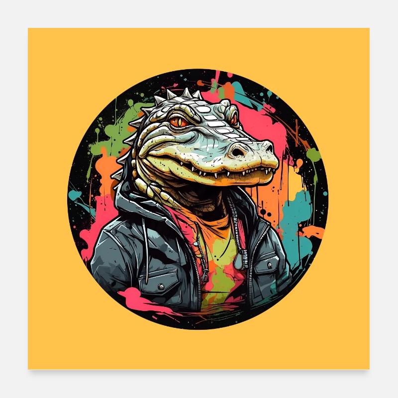 Cooler Alligator Krokodil auf Farbklecksen Poster 60x60 cm