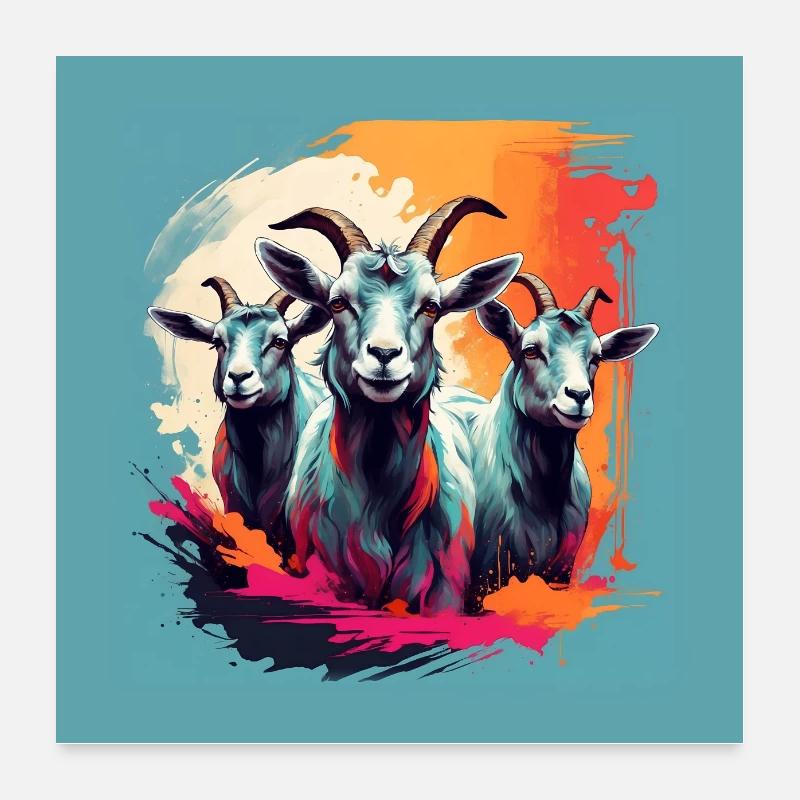 Drei farbenfrohe Ziegen auf Farbklecksen Poster 60x60 cm