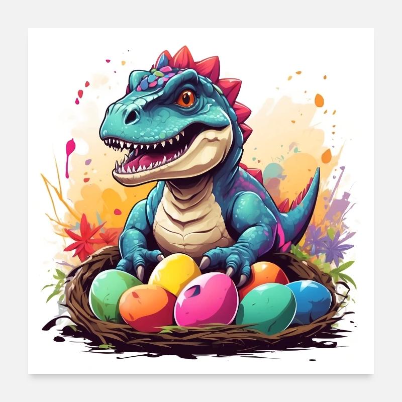 Little Dino in Easter Basket Dinobaby and Easter Eggs Poster 24" x 24" (60x60 cm)