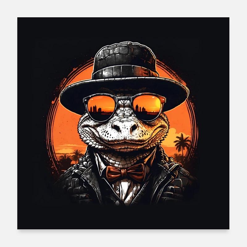Chic alligator with mirrored glasses, hat and suit Poster 24" x 24" (60x60 cm)