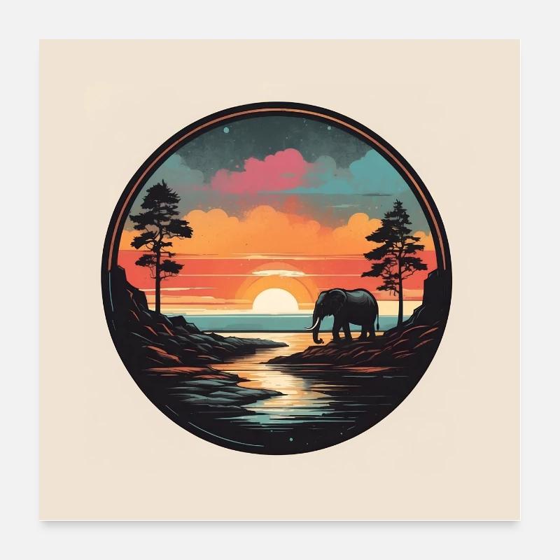 Éléphant au bord de la rivière au coucher du soleil Poster 60 x 60 cm